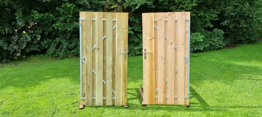 Tuindeur Douglas (90 cm, 180 cm, Verzinkt wit frame, Zonder slot, Linksdraaiend) de vier keien.webp