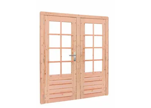 Dubbele deur Douglas hout buitenmaat 168x 201cm met glas en RVS deurbeslag 8 ruits